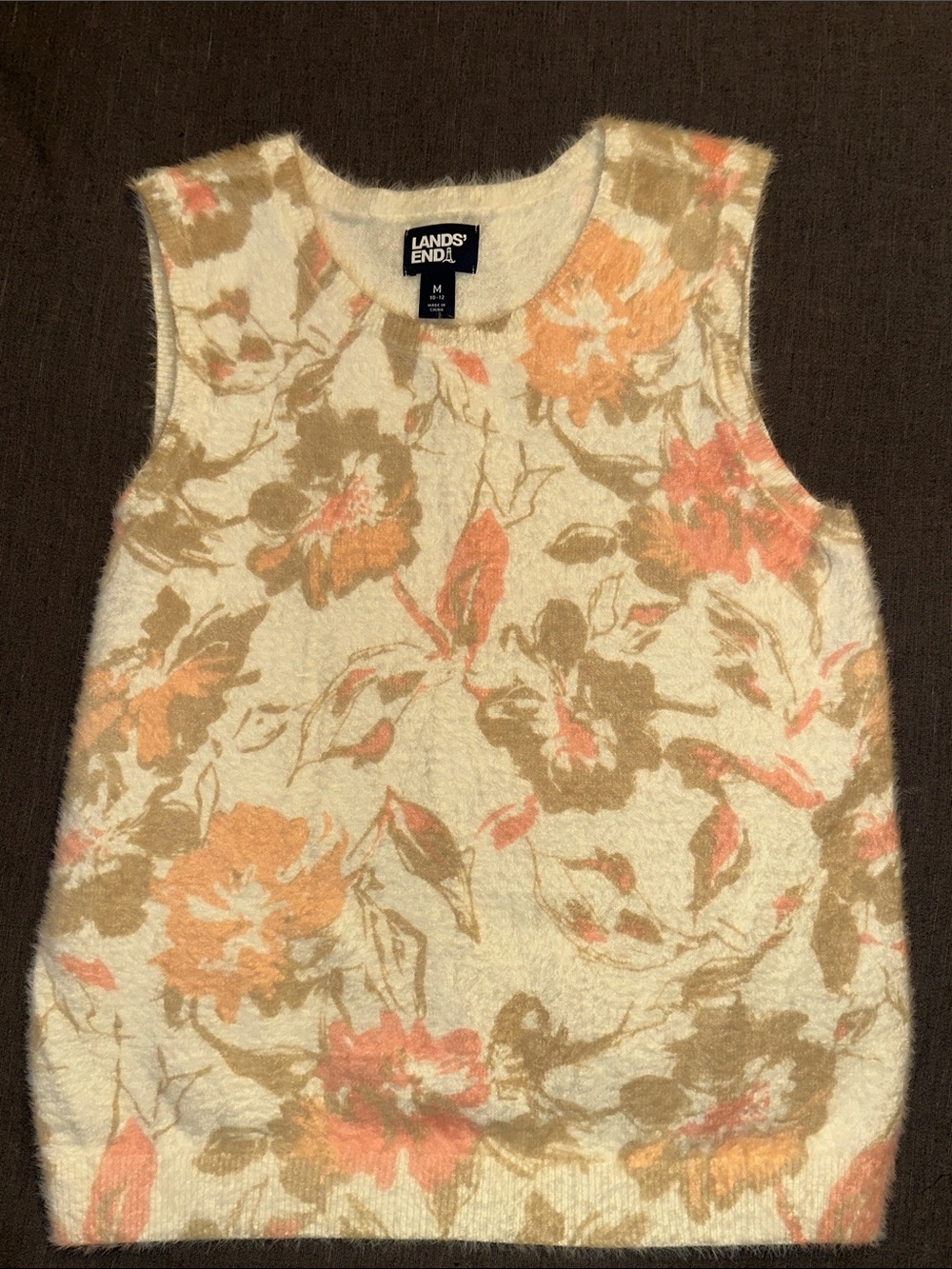 Lands' End Cream Floral Fuzzy Knit Tank with Coral and Tan Accents